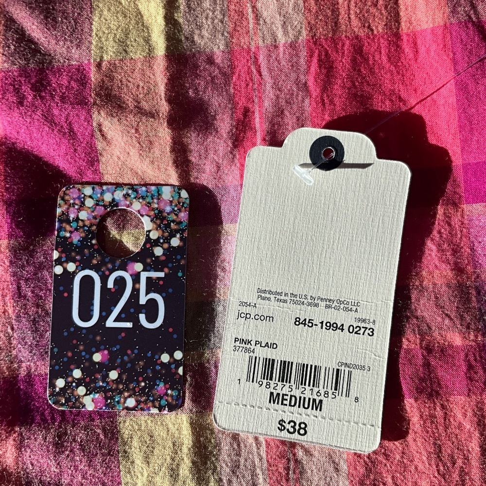 4/$20 St John's Bay Pink Plaid Split Tie Neck 3/4 Sleeve Blouse Size M NWT - Picture 5 of 5